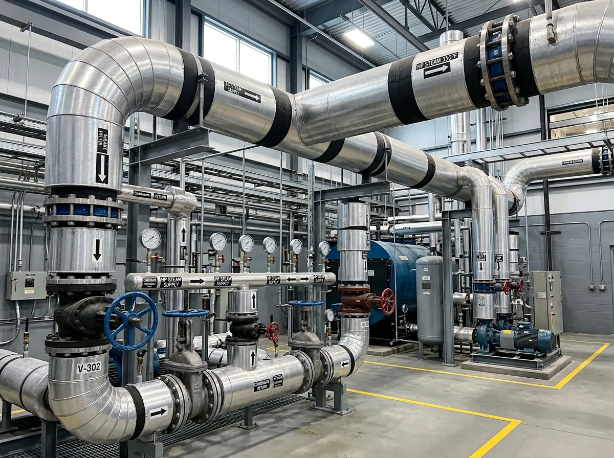 Steam distribution pipes and valves in a mechanical room
