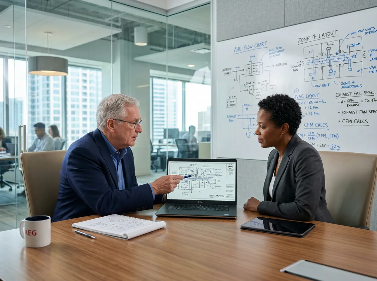 Two professionals in a conference room consultation