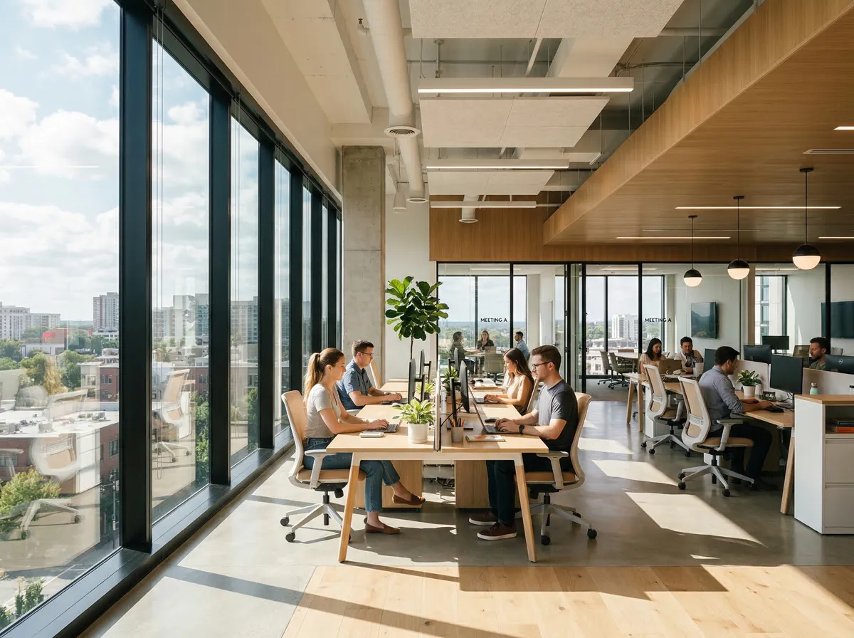 Office space with natural daylight through glass walls