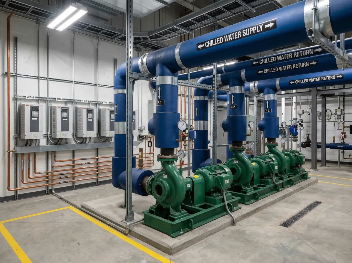 Chilled water pumps with blue piping system