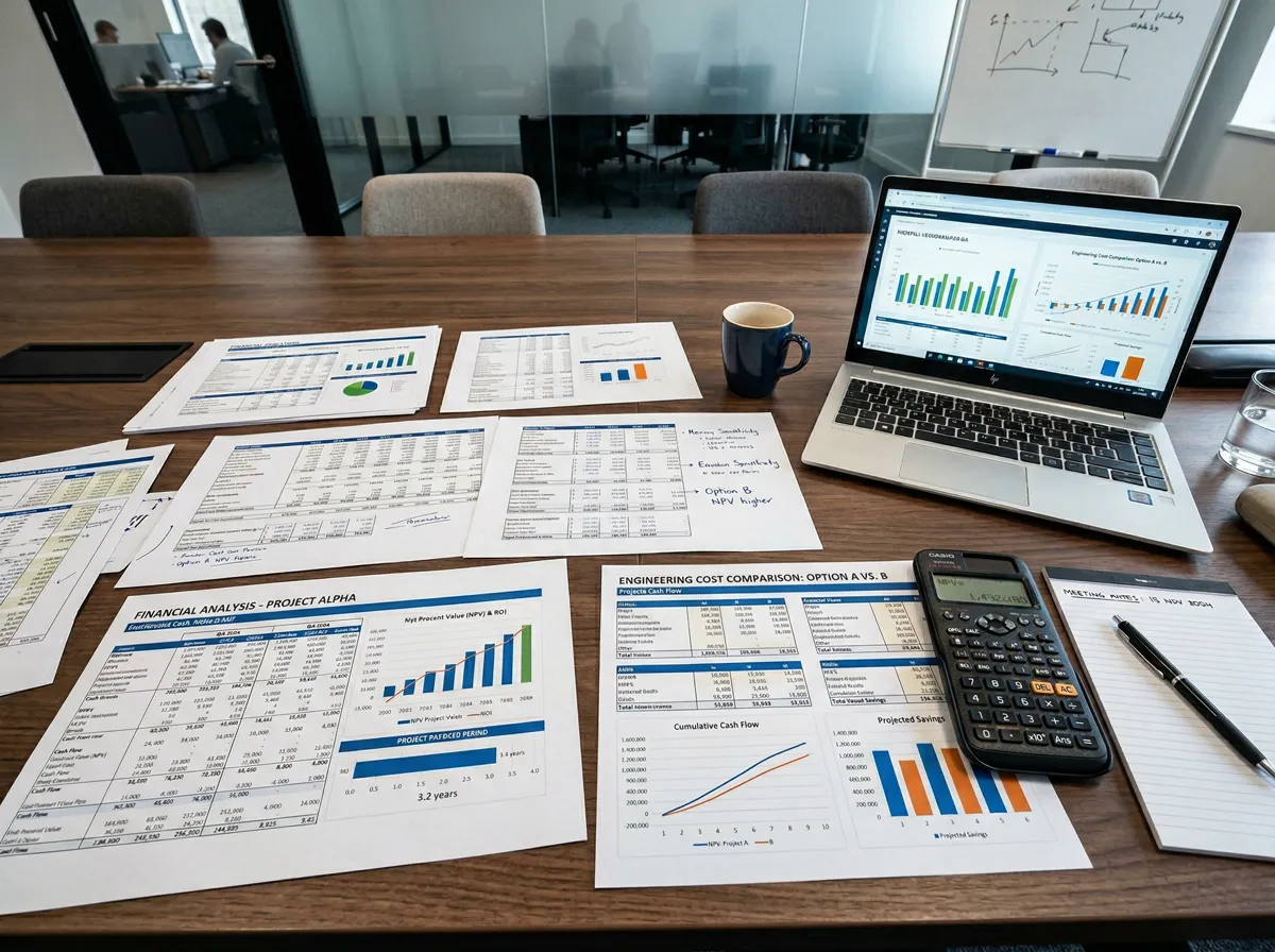 Financial analysis spreadsheets on a conference table
