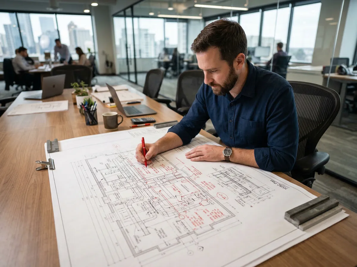 Engineer reviewing blueprints with red markup annotations