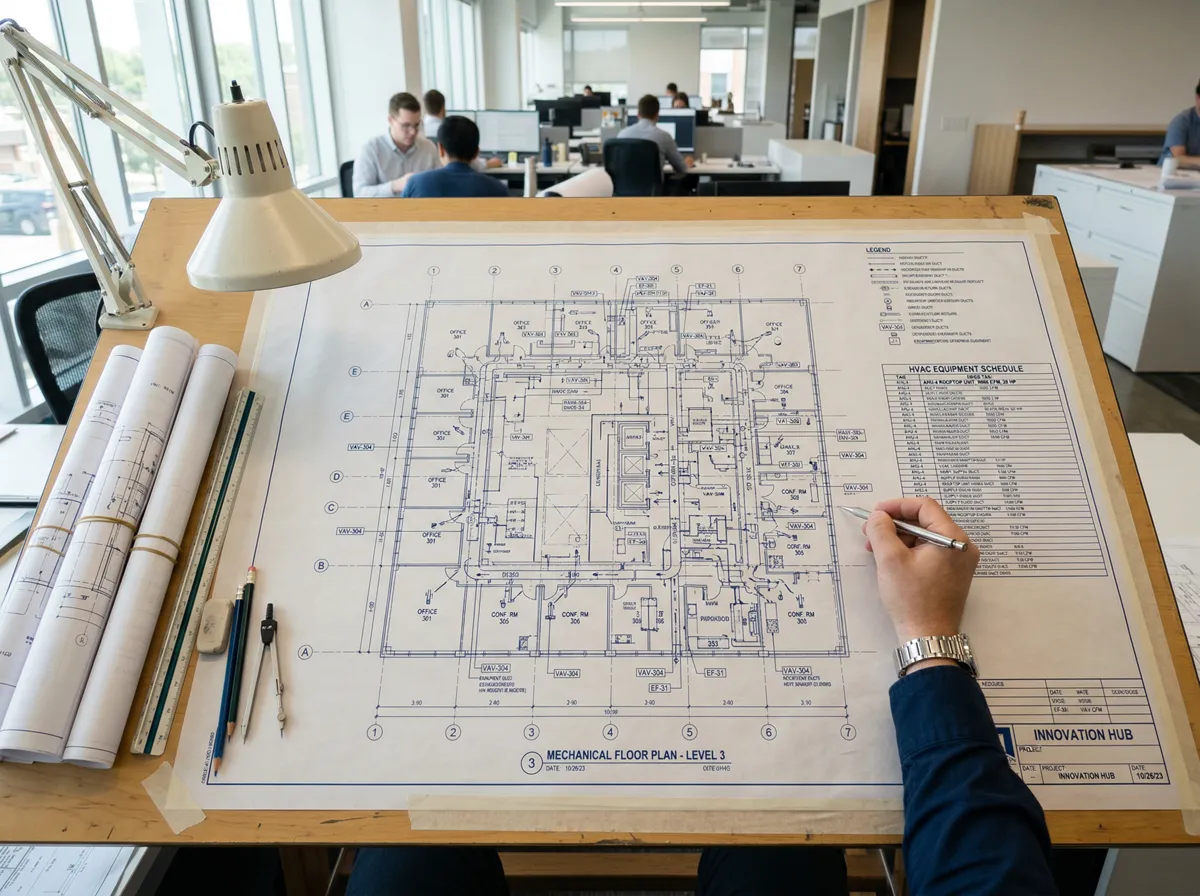 Mechanical floor plan on a drafting table